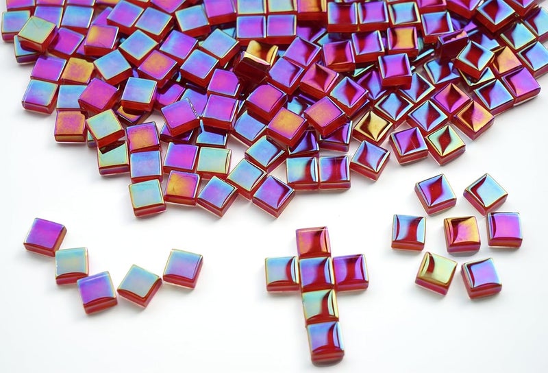 CHICSHIS 0.66lbs Ruby Red Iridescent Mosaic Tiles, 3/8" Square Glass Pieces With Smooth Edges, Ideal for Making Supplies, Small Colored Glass Tiles for DIY Coaster Projects - Image 5